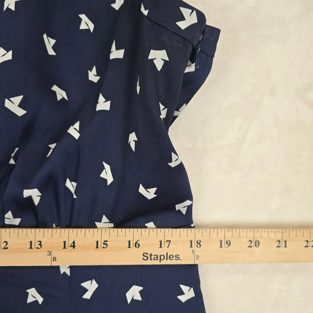 Kate Spade Paper Boats Midi Dress Navy Blue Pebbled Satin Sleeveless Size 14